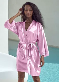 Lace Trim Belted Kimono -Buffalo Fashion Shop Lace Trim Belted Kimono25779624FRSP W02