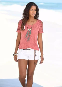 Vivance Lace Insert Cold Shoulder Top -Buffalo Fashion Shop Vivance Lace Insert Cold Shoulder Top810164FRSP W02