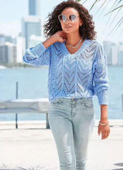 Vivance Openwork V-Neck Jumper -Buffalo Fashion Shop Vivance Openwork V Neck Jumper59236027FRSP W03