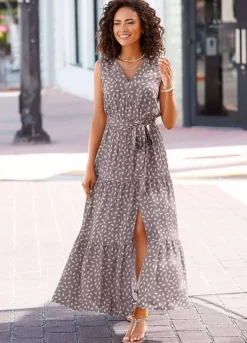 Vivance Printed V-Neck Maxi Dress